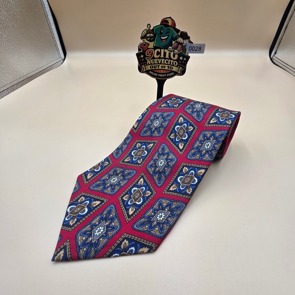 Wembley Mens Silk Necktie Red Blue Gold Geometric Medallion Pattern Made in USA